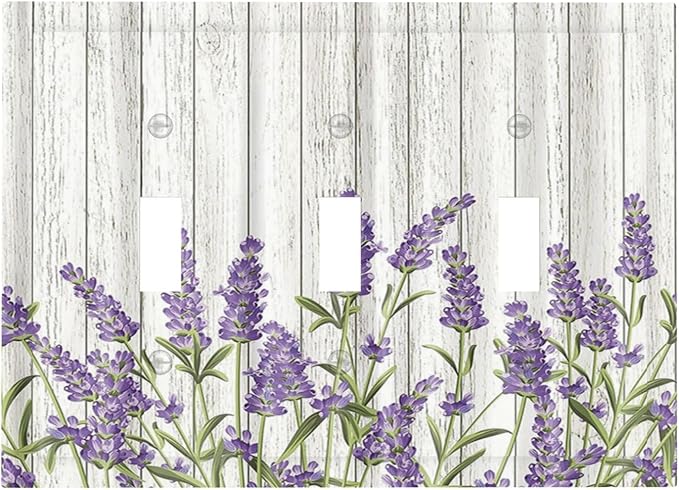 Rustic Wooden Plank Lavender 3 Gang Light Switch Cover Triple Toggle Wall Plates Decorator Receptacle Outlet Covers Electrical Switchplate Faceplate for Bedroom Bathroom Kitchen Decor