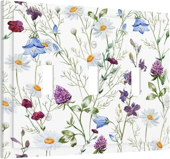 Floral Boho Multicolor Flower Plant Leaves Decorative Switch Plates 3 Gang Wall Plate Triple Toggle Light Switch Cover Faceplate Electrical Wall Panels for Bedroom Living Room Decor