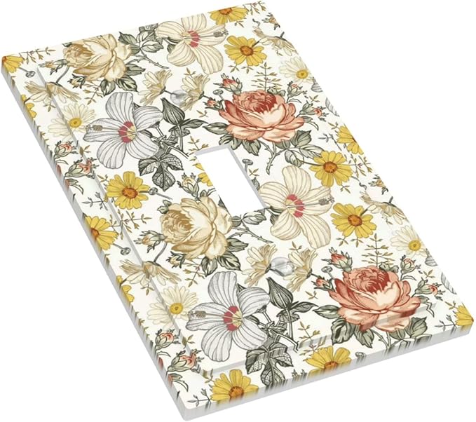 Multicolor Peony Daisy Vintage Floral Flower Decorative Light Switch Cover 1 Gang Single Toggle Device Electrical Faceplate Switchplates Decorator Outlet Wall Plate for Bedroom Living Room Decor