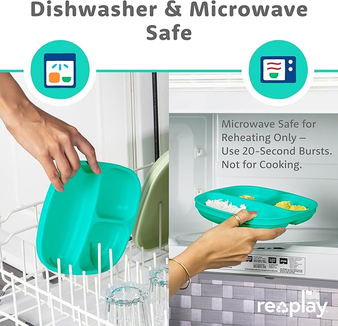 Re-play 3x3 Divided Toddler Plates and Utensils Set - Toddler Forks and Spoons Set - Dishwasher and Microwave Safe - Made in USA - True Blue