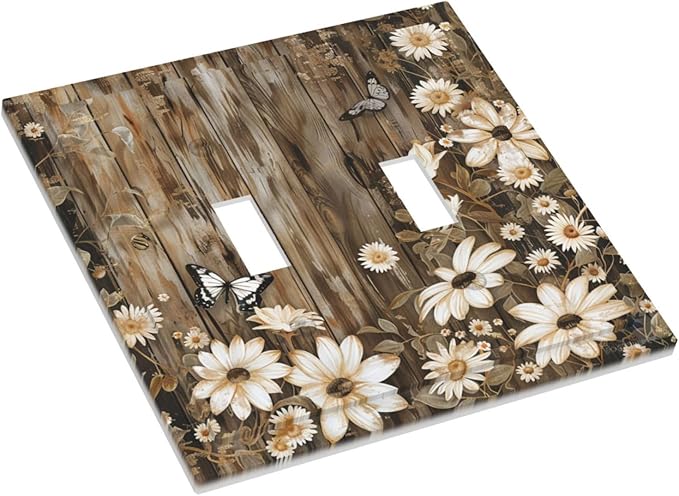 Light Switch Cover Plate Rustic Wood Butterflies Flowers Botanical 2 Gang Double Toggle Decorative Switch Plates Wall Plates Electrical Faceplate for Farmhouse Cabin Decor