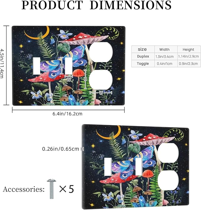 Hippie Mushroom Boho Starry Moon Night Stars Butterfly 3 Gang Combination 2 Toggle 1 Duplex Receptacle Light Switch Wall Plates and Outlet Cover Triple Device Combo Two Toggle One Receptacle Cover