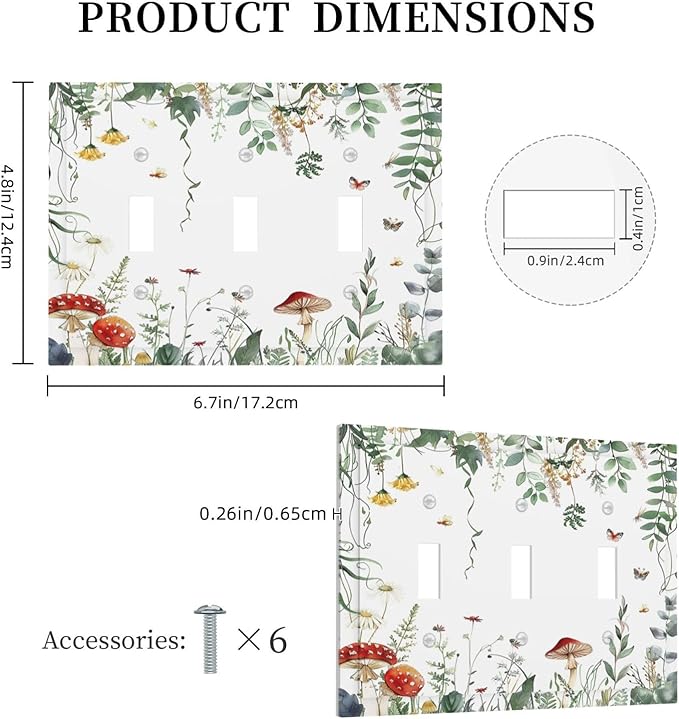 Decorative Switch Plates Sage Plant Red Mushroom Butterfly Wild Flower 3 Gang Wall Plate Triple Toggle Light Switch Cover Faceplate Electrical Wall Panels For Bed Room Kids Room Decor