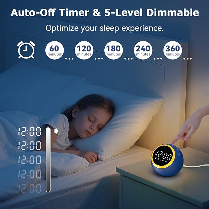 White Noise Sound Machine with Clock: Alarm Clocks, 30 Soothing Sounds, 10 Soft Wake-Up Sounds, 32 Adjustable Volume & Timer, Memory Function - Ideal for Bedrooms Use (Blue)