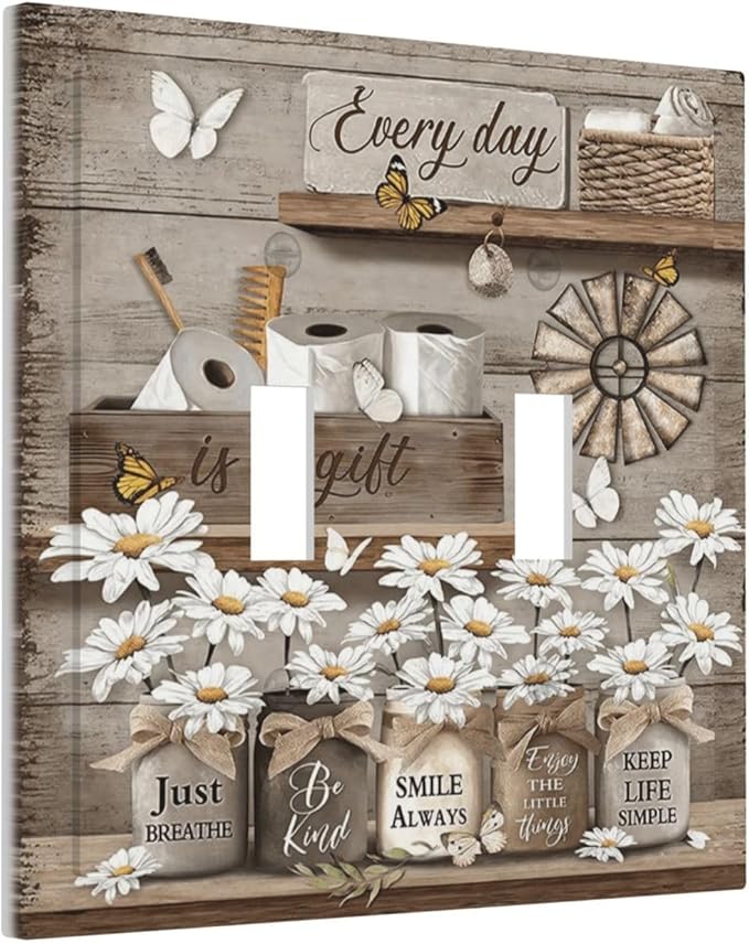 Rustic Daisy Flower Butterfly Inspirational Cottage Decorative Switch Plates 2 Gang Double Toggle Outlet Light Switch Cover Wall Plate Electrical Faceplate for Farmhouse Bedroom Decor