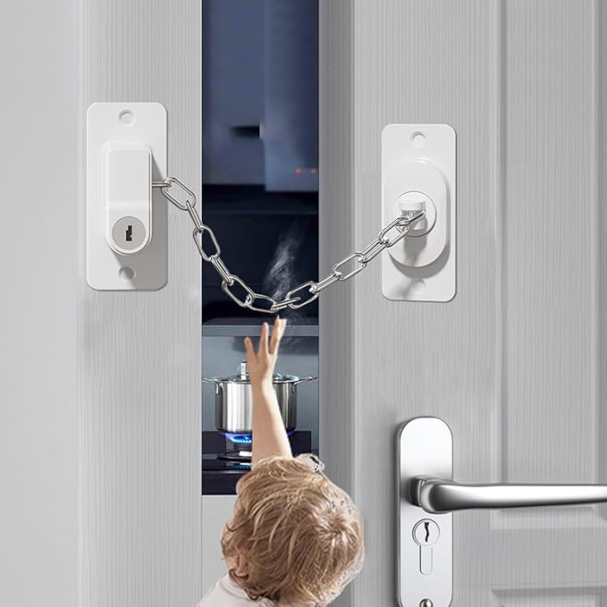 Child Proof Door Lock (2 Pack), Door Locks for Kids safety & Cat Door Latch, for Fridge Lock, Cabinet Locks, Window Locks and Baby Proofing, Strong non-marking Adhesive No Drilling (White)