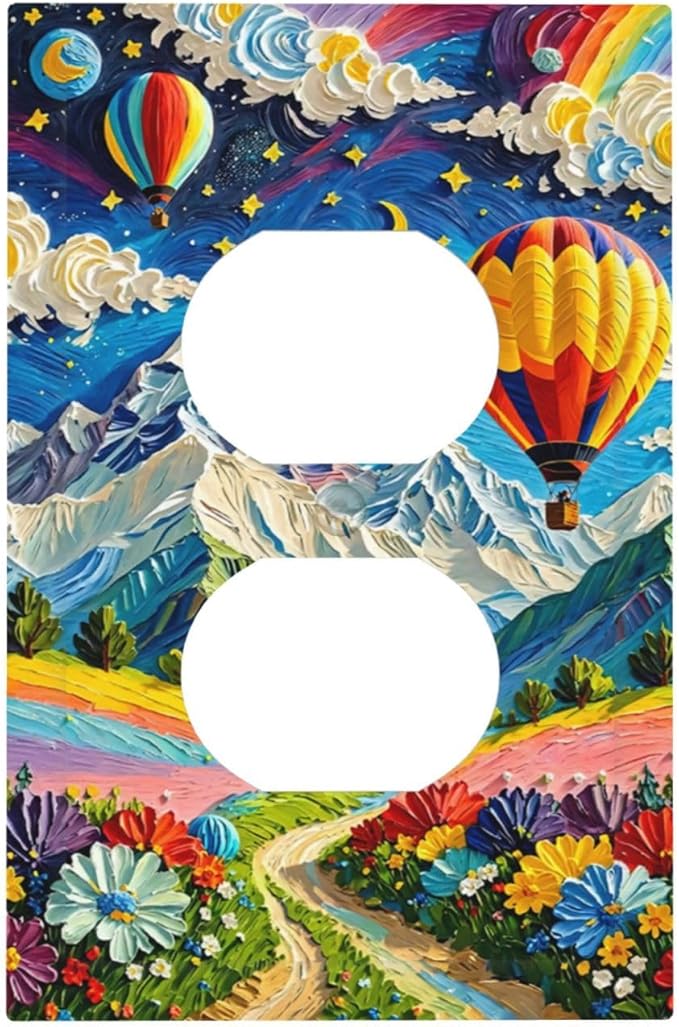 Hot Air Balloons Floral Vibrant Colors Flowers Mountains Stars Moon Outlet Covers 1 Gang Duplex Electrical Receptacle Faceplate Light Switch Cover Wall Plate Decorative Switch Plates for Bedroom