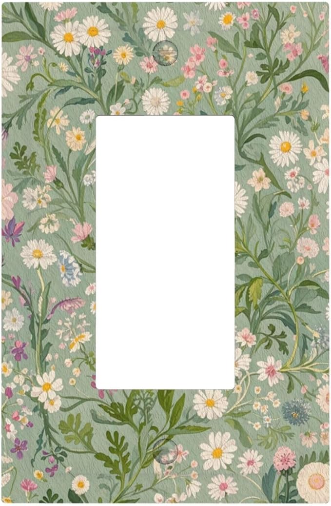 Decorative Light Switch Cover Plate with Vintage Wildflowers & Daisies on Light Green Background Design 1 Gang Rocker Outlet Covers Single Decora Gfci Device Wall Plate