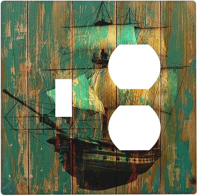 Wallplates Rustic Green Wood Grain Sailboat 1 Toggle 1 Duplex Switch Plate Electrical GFCI Faceplate Decorative Light Switch Covers for Farmhouse Bedroom Decor