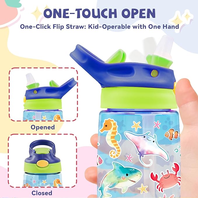 14oz Cute Marine life Kids Water Bottle with Straw Lid - Cartoon Water Bottles for Kids, Leakproof, Lightweight, Durable Plastic Bottles for School, Pop-Up Straw Cover, Gift Cup for Girls Boys(Sea)