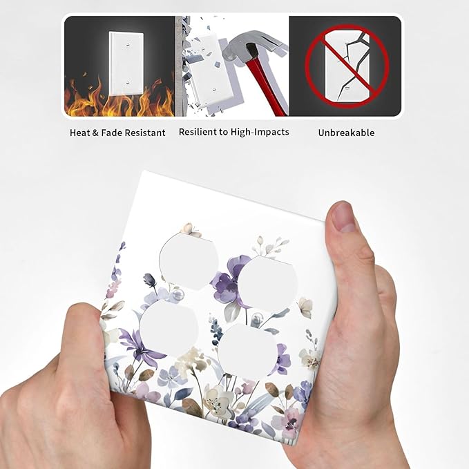 Purple Watercolor Flower Floral Butterfly Outlet Covers 2 Gang Double Duplex Decorative Light Switch Covers Electrical Wallplates Socket Faceplate for Bedroom Living Room Decor