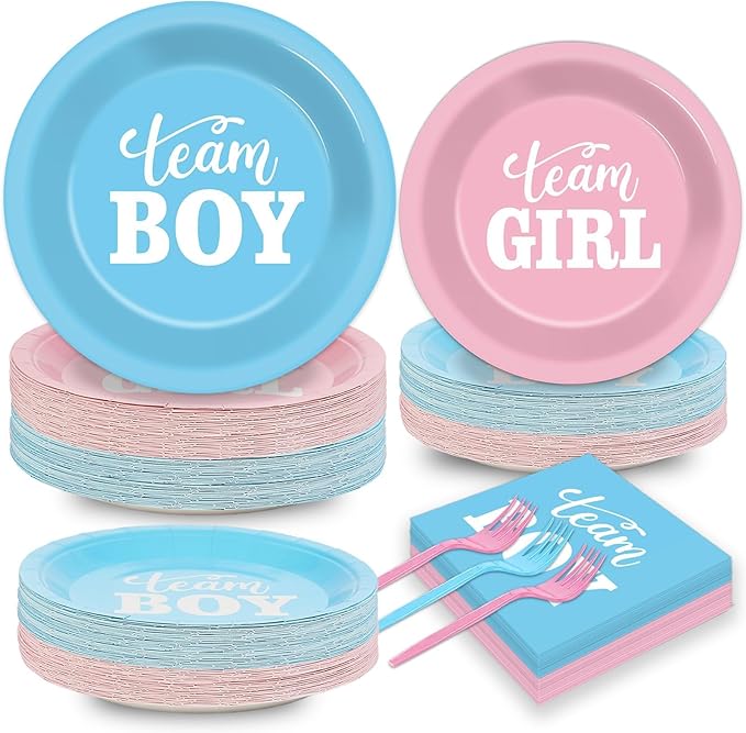 200pcs Gender Reveal Plates Napkins Gender Reveal Paper Tableware Set Blue and Pink Cake Dessert Disposable Dinnerware Boys Girls Party Decoration for Baby Shower Birthday Decor Supplies Serves 50