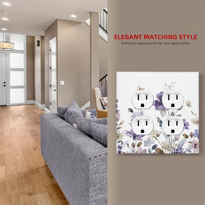 Purple Watercolor Flower Floral Butterfly Outlet Covers 2 Gang Double Duplex Decorative Light Switch Covers Electrical Wallplates Socket Faceplate for Bedroom Living Room Decor
