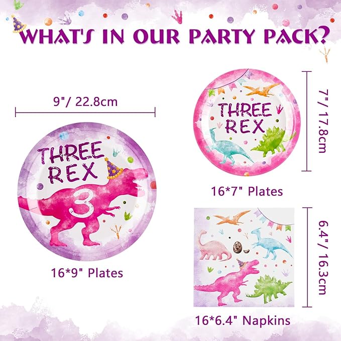 WERNNSAI Three Rex Birthday Decorations - 48 PCS 3rd Plates and Napkins Pink Dinosaur Birthday Decorations Dino Party Supplies Dinosaur Party Favors for Girls Serves 16 Guests