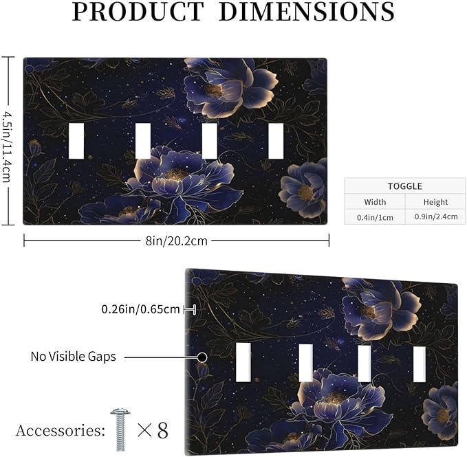 Navy Blue Floral Vintage Flower Dark Watercolor Light Switch Covers Quad Toggle Electrical Faceplate 4 Gang Wall Plate Decorative Switch Plates Cover for Bedroom Living Room Decor