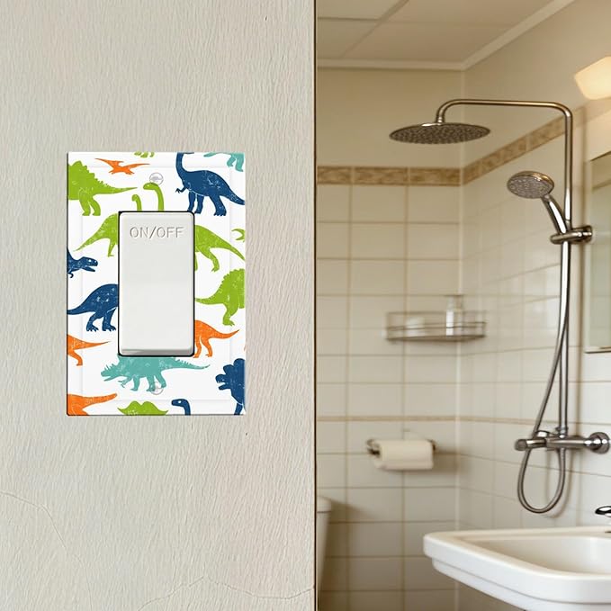 Colorful Dinosaur Single Rocker Switch Cover - 1-Gang Standard US Size Playful Dino Friends Light Switch Covers for Teen Boys Bedroom Playroom Decor