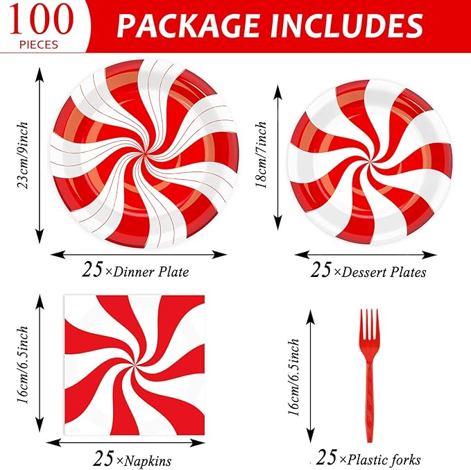 100Pcs Christmas Peppermint Paper Plates and Napkins Party Supplies Candy Cane Party Tableware Set Red and White Striped Christmas Winter Party Decor Favors for Holiday Xmas Theme Party Serves 25