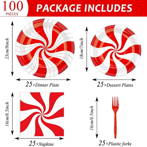100Pcs Christmas Peppermint Paper Plates and Napkins Party Supplies Candy Cane Party Tableware Set Red and White Striped Christmas Winter Party Decor Favors for Holiday Xmas Theme Party Serves 25