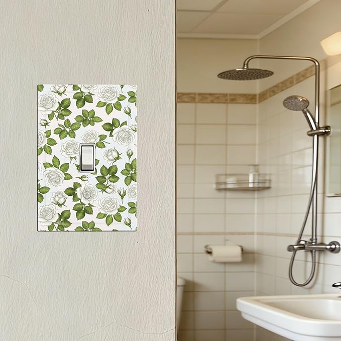 Elegant White Roses & Green Leaves Floral 1-Gang Toggle Light Switch Plate, Timeless Rose Garden Decorative Wall Plate for Bathroom Bedroom Vanity