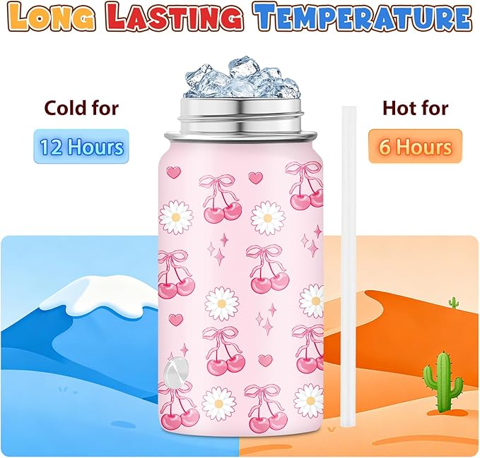 Cherry Gifts for Girls - 12oz Pink Water Bottle with Straw Lid, Stainless Steel Insulated Tumbler, Leakproof, BPA-Free, for Women, Travel - Cherry Lovers Birthday Gift Cup (1pc)