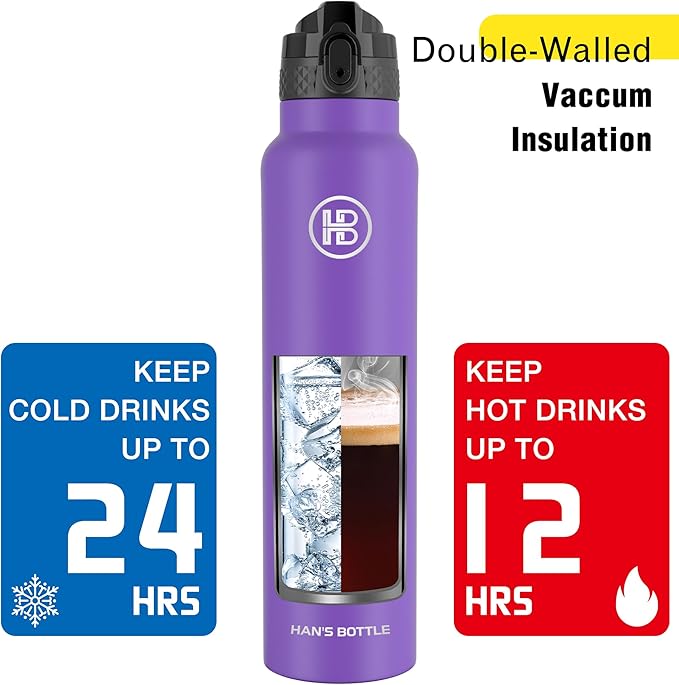 han's bottle Sports Water Bottle - 32 Oz, Straw Lid, Leak Proof, Vacuum Insulated Stainless Steel, Double Walled, Thermo Mug,Purple
