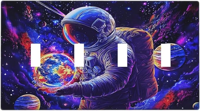 Astronaut Space Cool Galaxy Planet Light Switch Covers Quad Toggle Electrical Faceplate 4 Gang Wall Plate Decorative Switch Plates Cover for Kids Room Nursery Decor