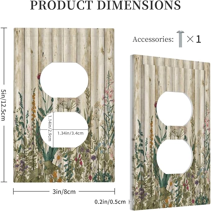 Vintage Wild Flowers Botanical Green Leaves Plants 1 Gang Outlet Plate Decorative Single Duplex Wall Plate Covers Rustic Wood Plank Electrical Receptacle Light Switch Cover Art Faceplate Switchplate