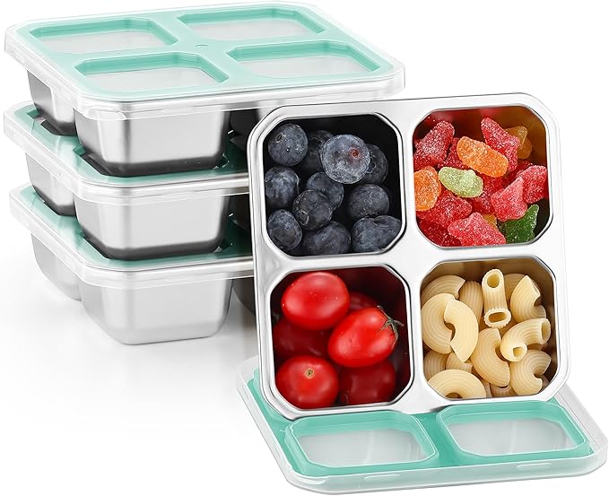 BEFOY 4 Pack Stainless Steel Snack Containers with Lids 4 Compartment Food Storage Containers for Adults & Kids Meal Prep Containers Reusablele (BLUE, 4)