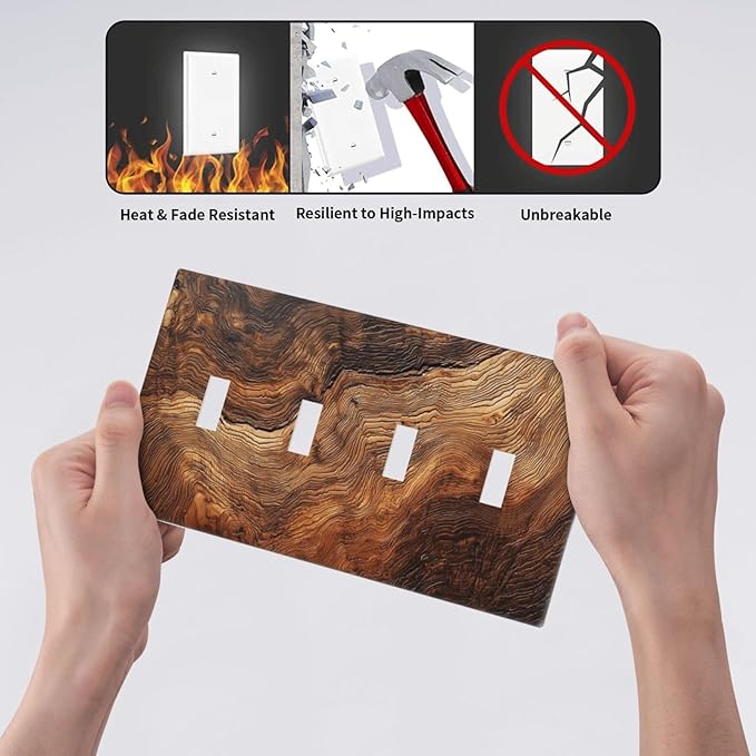 Natural Wood Grain Texture Old Tree Trunk Print Light Switch Covers Quad Toggle Electrical Faceplate 4 Gang Wall Plate Decorative Switch Plates Cover for Farmhouse Home Decor