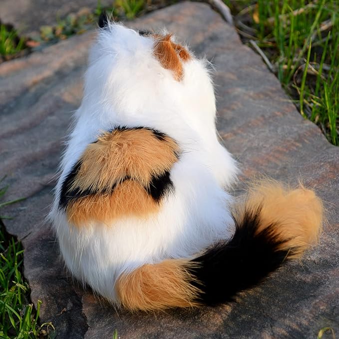 Realistic Baby Calico Cat Figurine - Lifelike Furry Kitten Statue, Plush Kitty Stuffed Animal Toy, Home Office Car Decor, Collectible Gift, Photo Prop