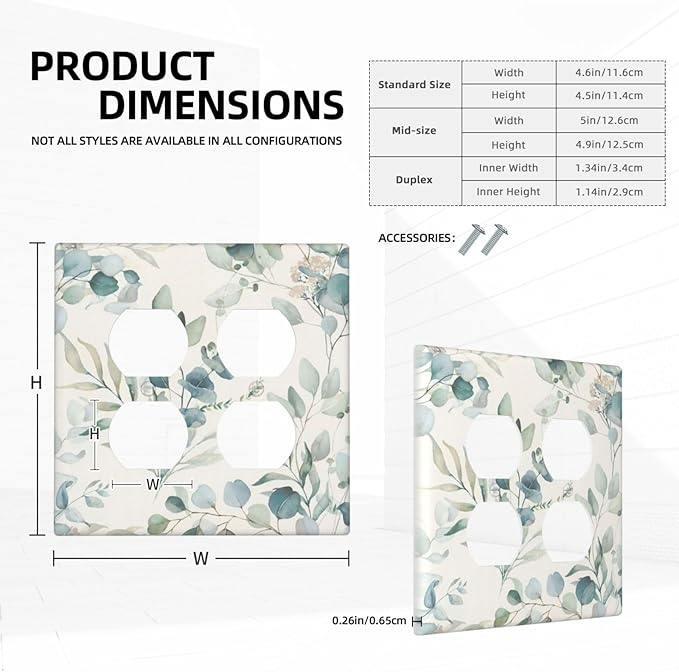 Boho Green White Eucalyptus Leaf Floral Outlet Covers 2 Gang Double Duplex Decorative Light Switch Covers Electrical Wallplates Socket Faceplate for Farmhouse Living Room Decor