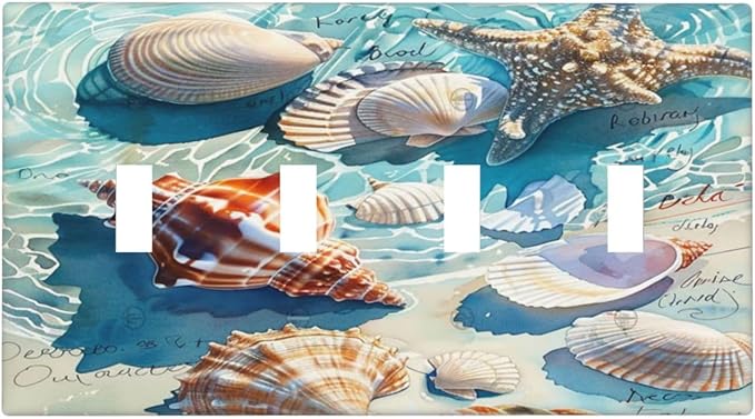 Light Switch Covers Ocean Waves Starfish Conch Scallop Shell Quad Toggle Electrical Faceplate 4 Gang Wall Plate Decorative Switch Plates For Kids Room Nursery Decor
