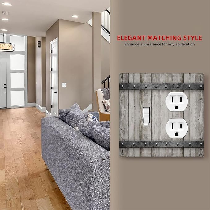 Light Switch Cover Rustic Barn Door Vintage Farmhouse Country 2 Gang Outlet Cover 1 Toggle Duplex Decorative Switchplate Wall Plate Electrical Receptacle Art Faceplate for Bedroom Carbin Decor