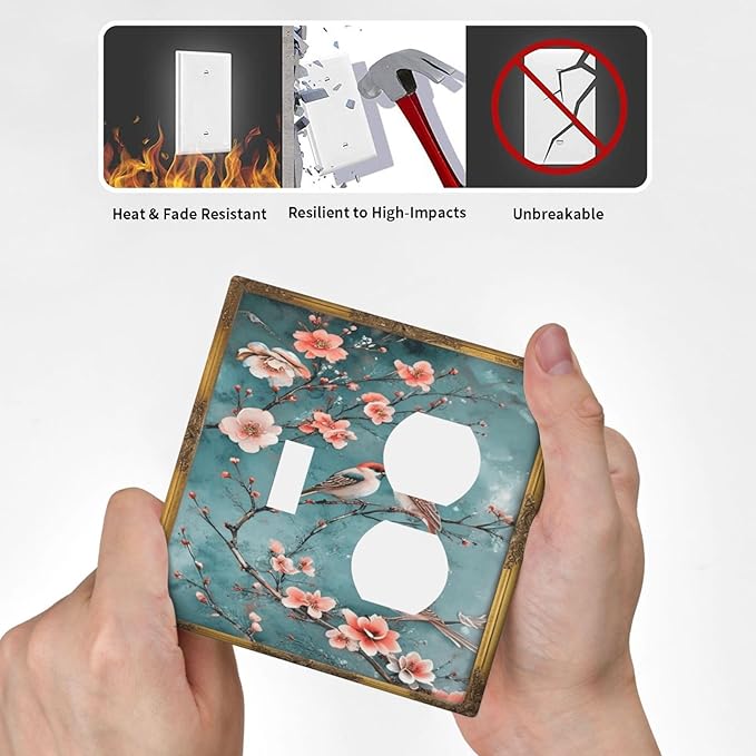 Decorative Art Light Switch Covers Birds on Branches 2 Gang Single Toggle Duplex Combination Electrical Faceplate Switchplate Wall Plate for Home Decor