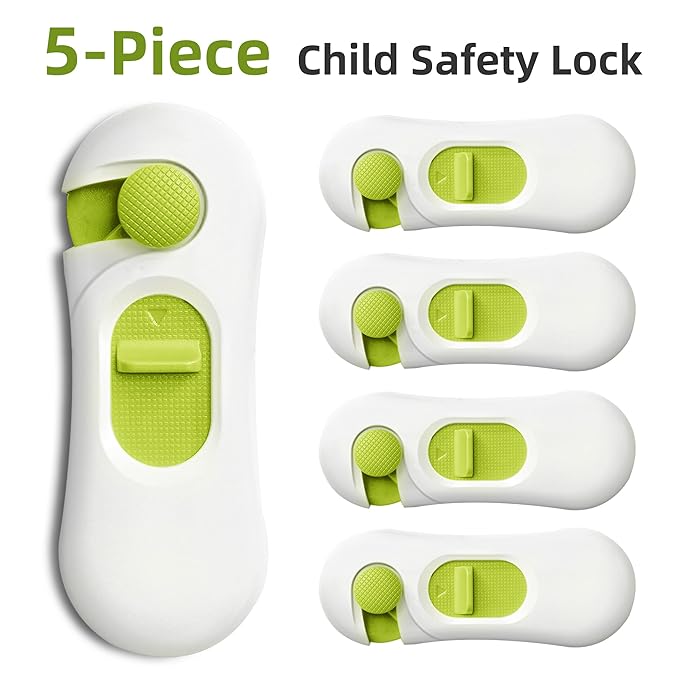5-Pack Child Proof Refrigerator Lock with 3M Adhesive, Baby Child Safety Cabinet Locks, Kids Safety Fridge Locks for Oven Drawers Freezer Door Latches- Green