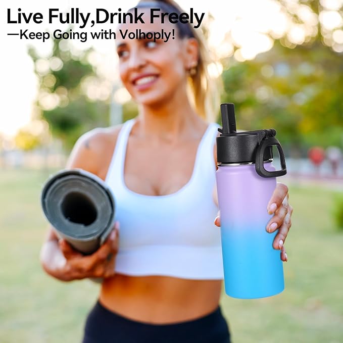 Volhoply 16 OZ Kids Water Bottle Bulk 2 Pack,Insulated Sports Bottles with Straw Lid,Stainless Steel Bottle with Handle Keep Cold,Double Wall Vacuum Tumbler Cup for School,Girl(Lavender Blue, 2