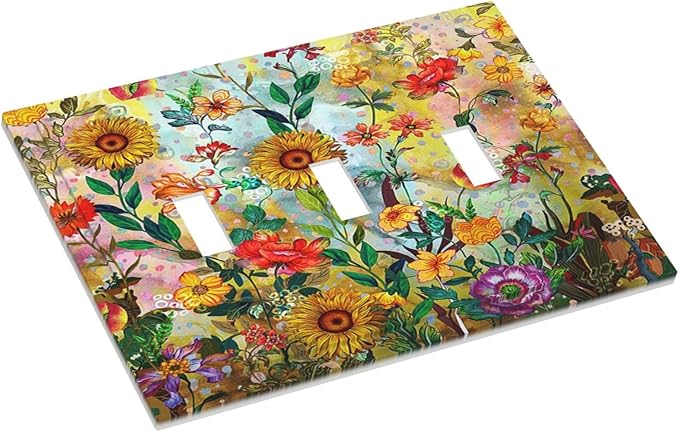 Fall Colorful Sunflower Floral 3 Gang Light Switch Cover Triple Toggle Wall Plates Decorator Receptacle Outlet Covers Electrical Switchplate Faceplate for Bedroom Bathroom Kitchen Decor