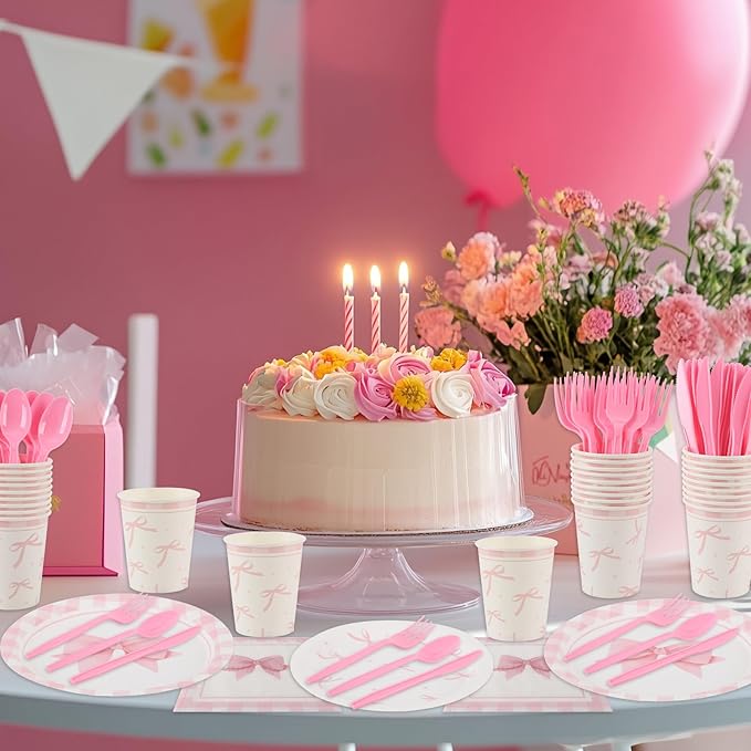 Coquette Birthday Decorations,210 Pcs Pink Bow Party Plates Napkins Cups Forks Spoons Knives Tableware Sets for Girls Birthday Party Decor,Serves 30