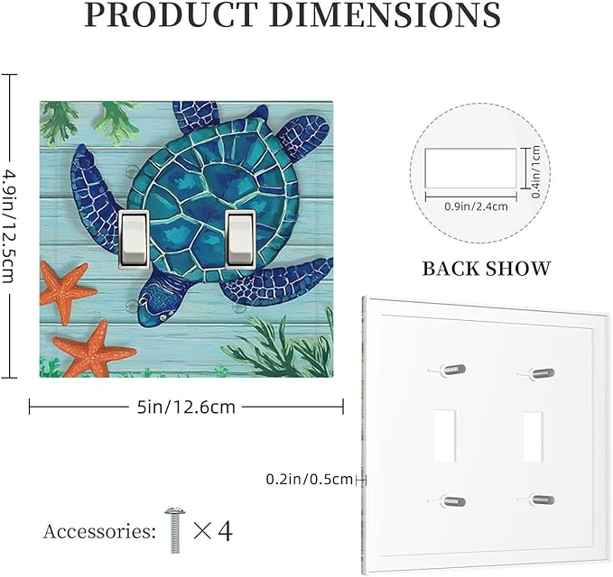 Coastal Sea Turtle Double Toggle Switch Cover - 2-Gang Standard US Size Mosaic Starfish Light Switch Covers, Nautical Ocean Theme for Coastal Homes