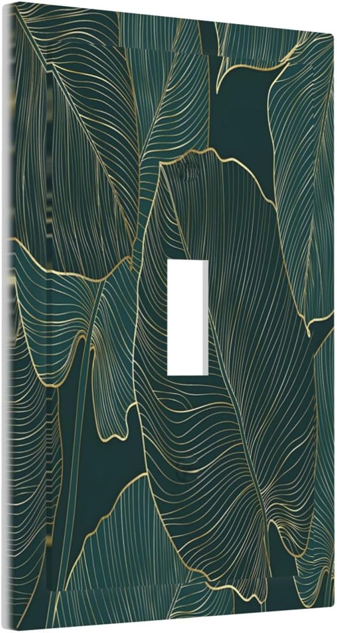 Gold Tropical Green Botanical Palm Leaves Decorative Light Switch Cover 1 Gang Single Toggle Device Electrical Faceplate Switchplates Decorator Outlet Wall Plate for Bedroom Living Room Decor
