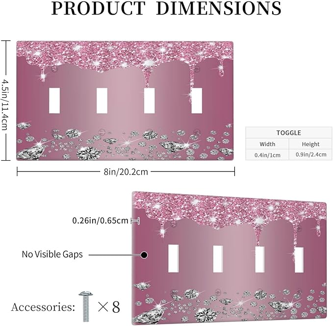 Sparkling Diamonds Pink Silver Glitter Drops Print Quad Toggle Light Switch Covers Decorative Unique 4 Gang Wall Plate Electrical Faceplate Switchplate for Kitchen Bedroom Bathroom Decor