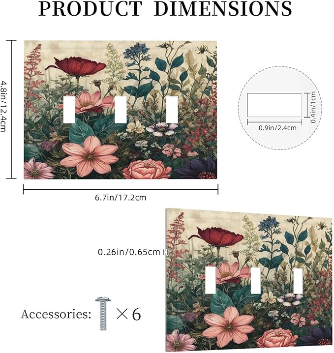 Decorative Light Switch Cover Rustic Wildflower Red Floral Green Plant 3 Gang Wall Plate Oversized Triple Toggle Switch Jumbo Electrical Face