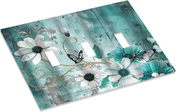 Decorative Switch Plate Covers Turquoise Flowers and Butterflies Rustic Teal White Floral 3 Gang Wall Plate Light Switch Cover Plate Triple Toggle Jumbo Electrical Faceplate for Bedroom Decor