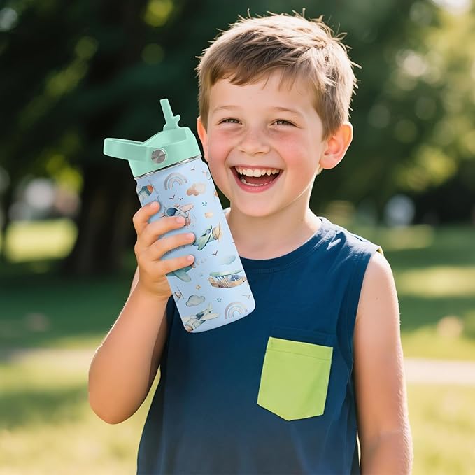 Airplane Gifts - 16oz Kids Blue Airplane Water Bottle with Straw Lid, Stainless Steel Insulated Tumbler, Leakproof, BPA-Free, for Boys, School, Travel - Helicopter Pilot Lovers Birthday Gift Cup (1pc)