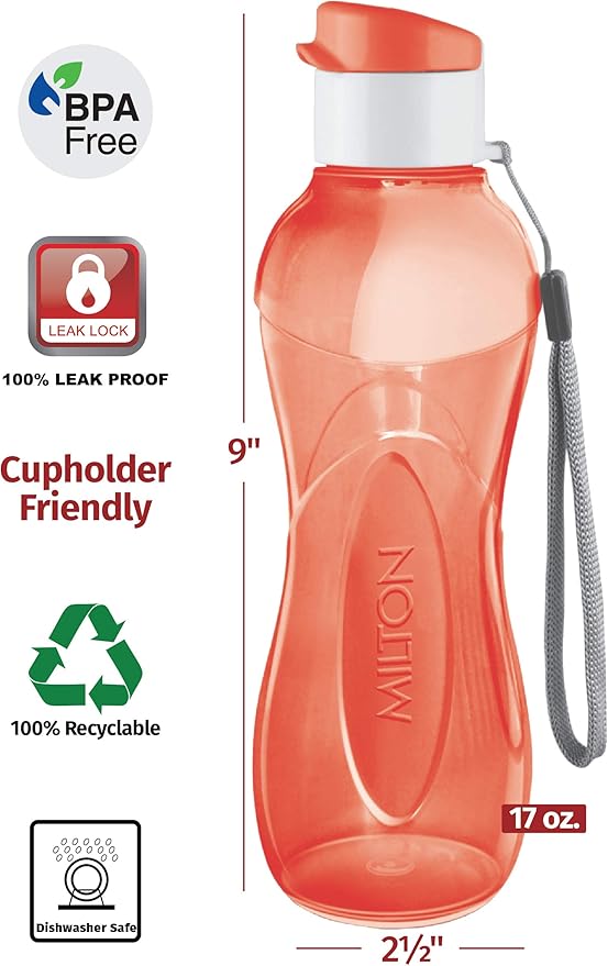 MILTON Water Bottle Kids Reusable Leakproof 17 Oz 4-Pack Plastic Wide Mouth Large Big Drink Bottle BPA & Leak Free with Handle Strap Carrier for Cycling Camping Hiking Gym Yoga