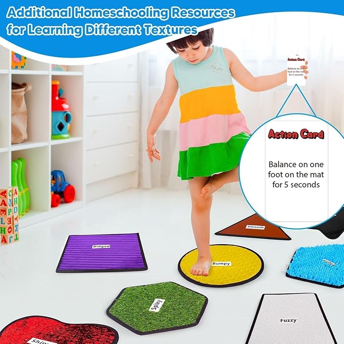 Garybank Labeled Sensory Mats w/Therapy Games for Autistic Kids, 8 Pcs Texture Mats w/48 Game Cards, Autism Kids Sensory Toys, Special Education Classroom Must Haves, Sensory Tile for Calm Down Corner