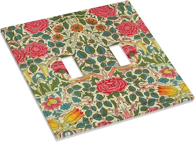 William Morris Roses Floral 2 Gang Light Switch Cover VintageTulip Flower Plant Bird Double Toggle Wall Plate Decorative Electrical Switchplate Covers for Country Bedroom Home Decor