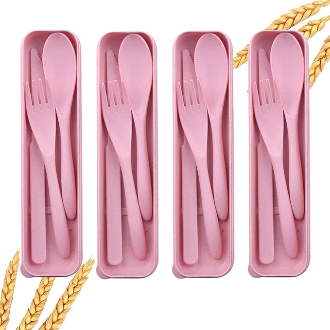 4 Sets Wheat Straw Utensils Reusable Travel Utensils Set,Portable Cutlery Set with Case Spoon Knife Fork Tableware Lunch Box Bulk for Adults Travel Picnic Camping Utensils Gifts (Pink)