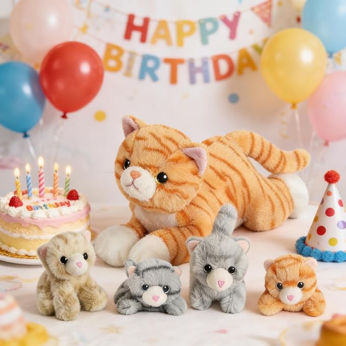 5 Pieces Cat Stuffed Animal with Babies, 1 Mommy Orange Cat Plush Toy Stuffed Cat with 4 Babies Plush Kittens, Stuffed Kitty Plush Toys for Kids Girls Boys Birthday Christmas Plush Gifts