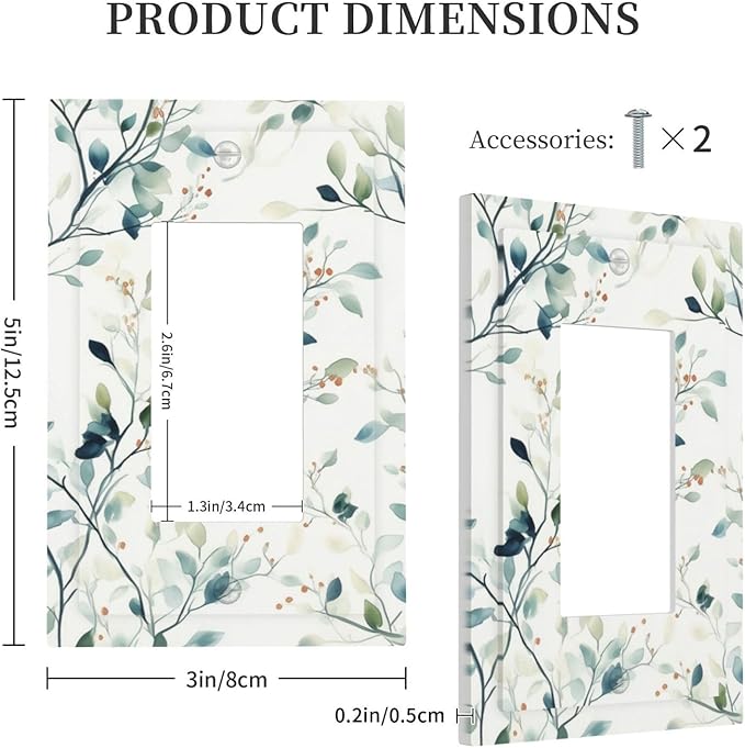 Watercolor Floral Green Leaves Single Light Switch Cover Plate Green Botanical Flowers 1 Gang Rocker Outlet Covers Switchplate Decorative Electrical GFCI Wallplate for Bedroom Kitchen Living Room